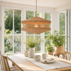 Wicker hanging lamp by bright dining room windows