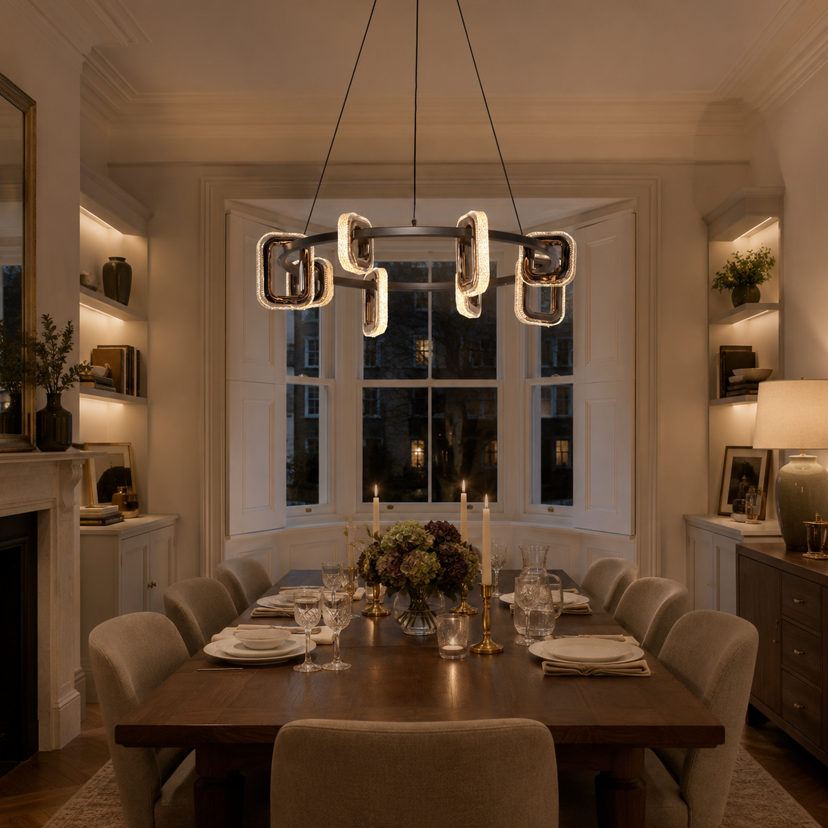 gold geometric led acrylic pendant light over a warm kitchen counter
