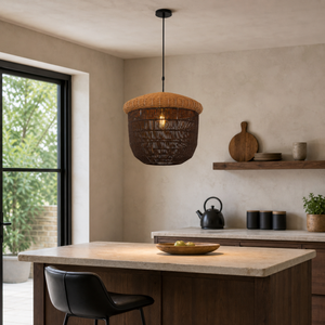 paper rope basket pendant light over a warm kitchen counter