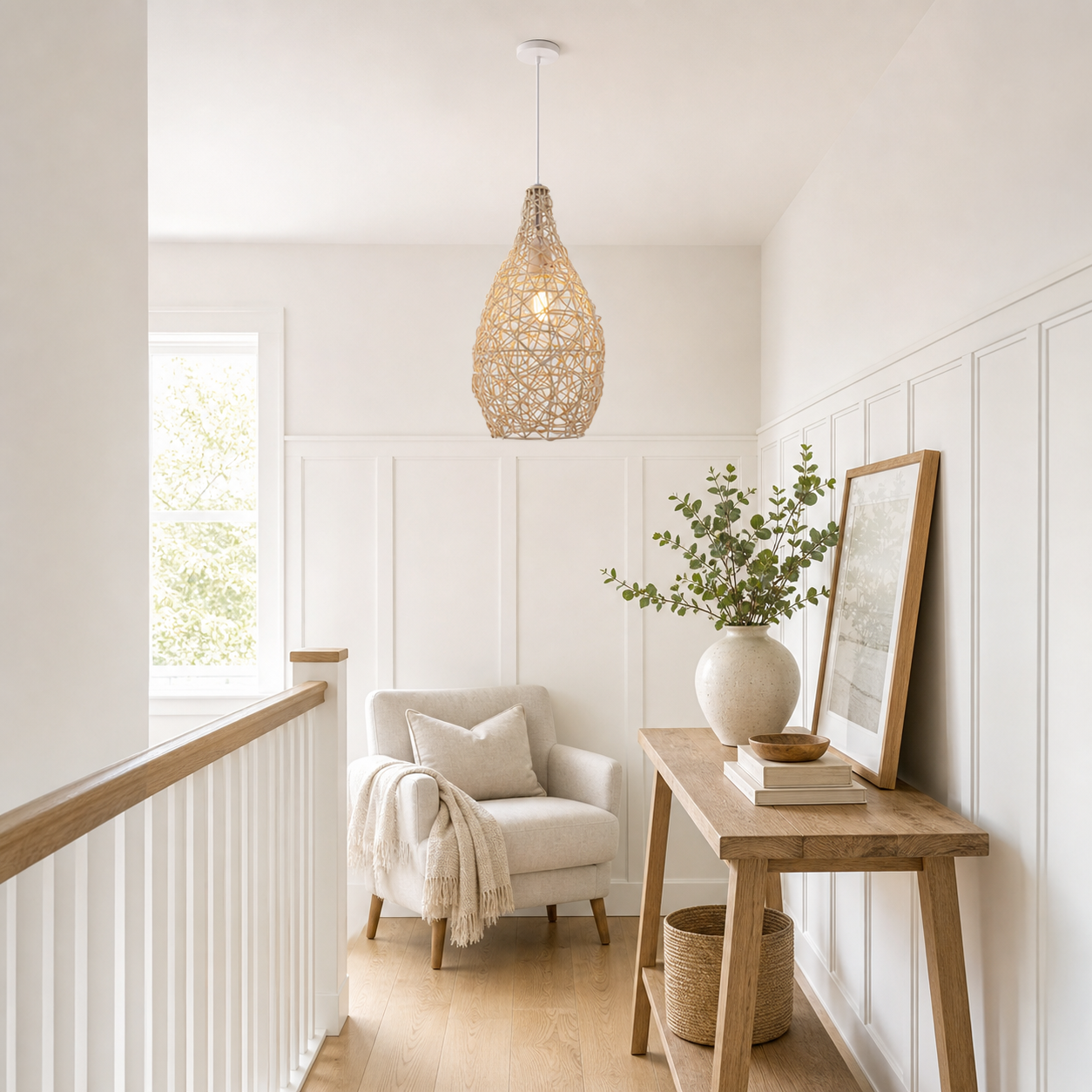 bamboo rattan pendant light above a bright dining table