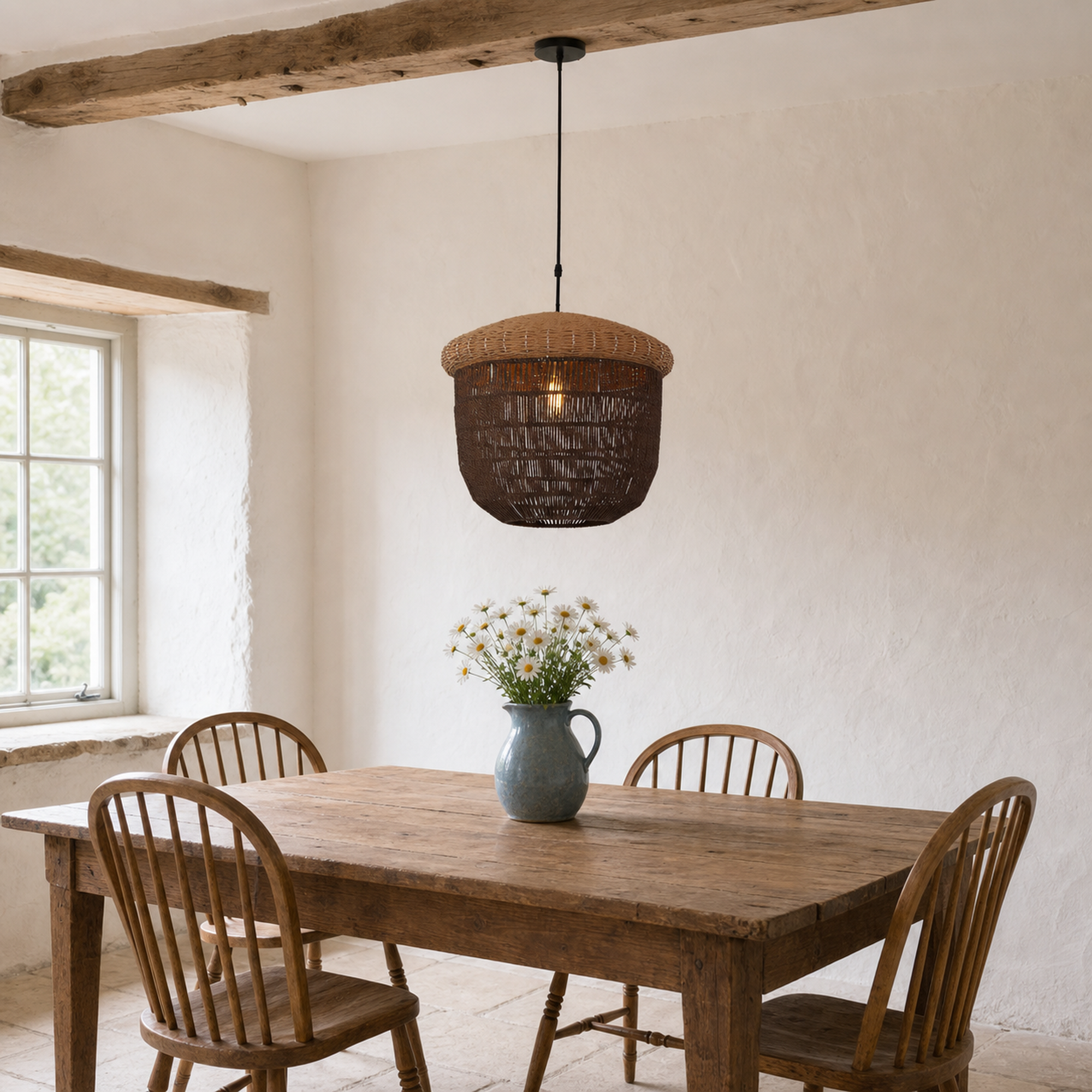 paper rope basket pendant light in a sunlit breakfast nook