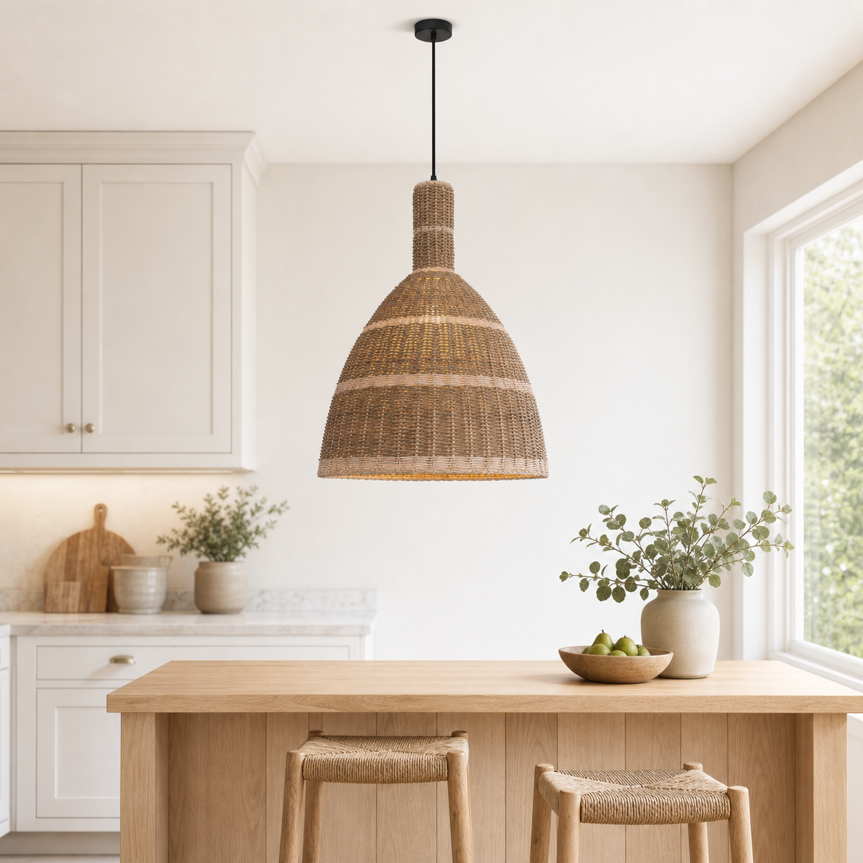 dome pendant light over a warm kitchen counter
