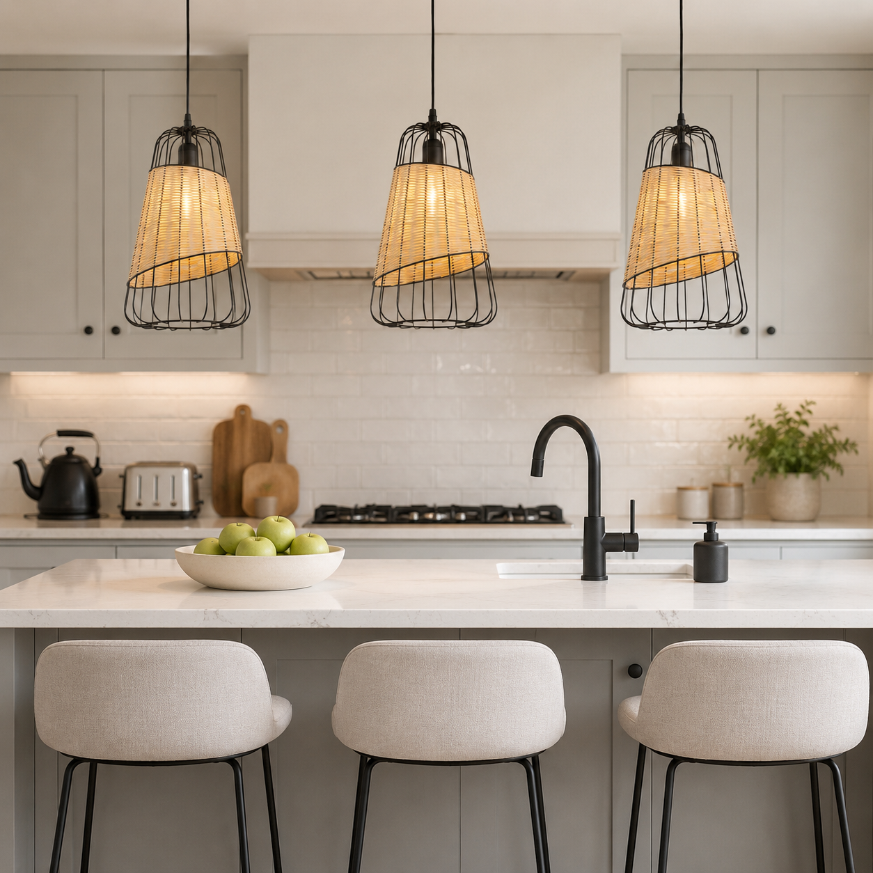 rattan iron pendant light beside a bright window
