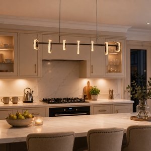 gold linear led acrylic pendant light above a bright dining table