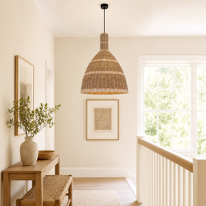 dome pendant light over a warm kitchen counter