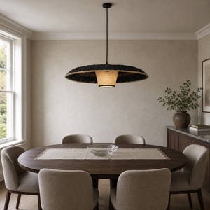 stylish two-tone handwoven stylish pendant light above a bright dining table