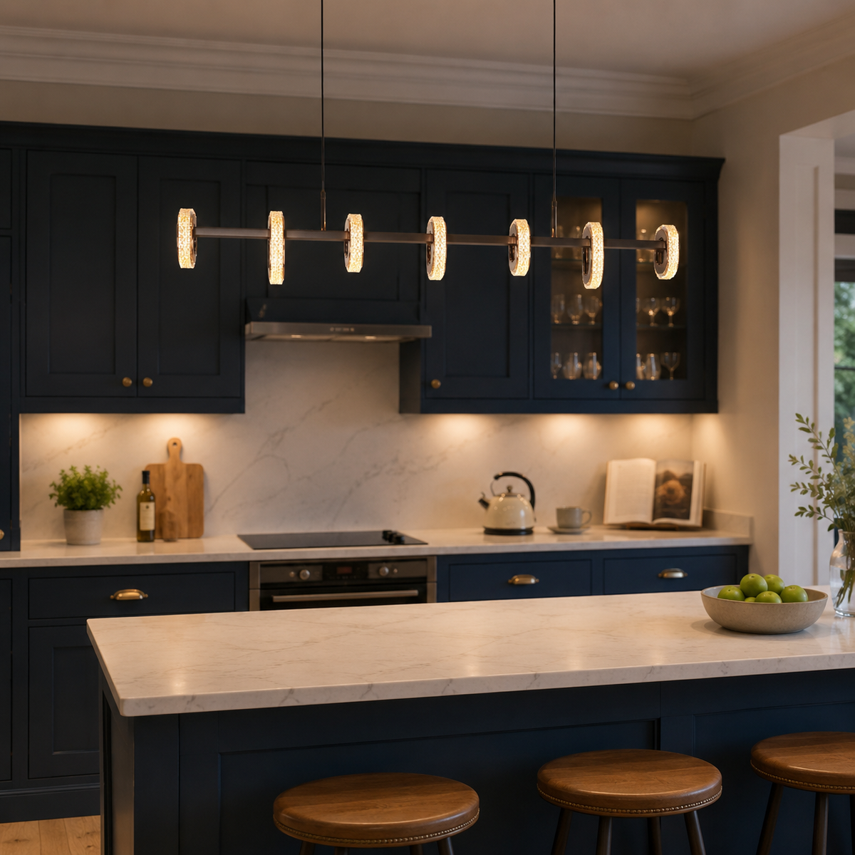 gold linear led acrylic pendant light over a warm kitchen counter