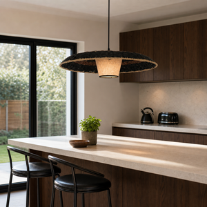 stylish two-tone handwoven stylish pendant light over a warm kitchen counter