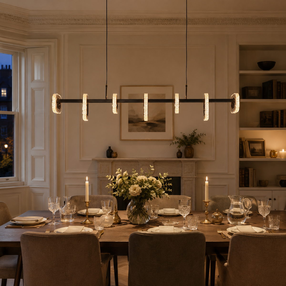 gold linear led acrylic pendant light in a sunlit breakfast nook