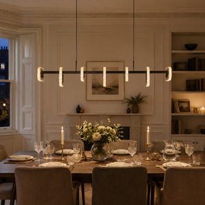 gold linear led acrylic pendant light in a sunlit breakfast nook