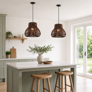 rattan pendant light over a warm kitchen counter