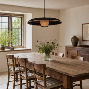 stylish two-tone handwoven stylish pendant light in a sunlit breakfast nook