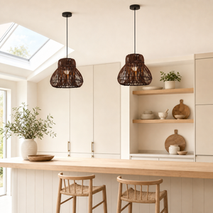 rattan pendant light in a sunlit breakfast nook