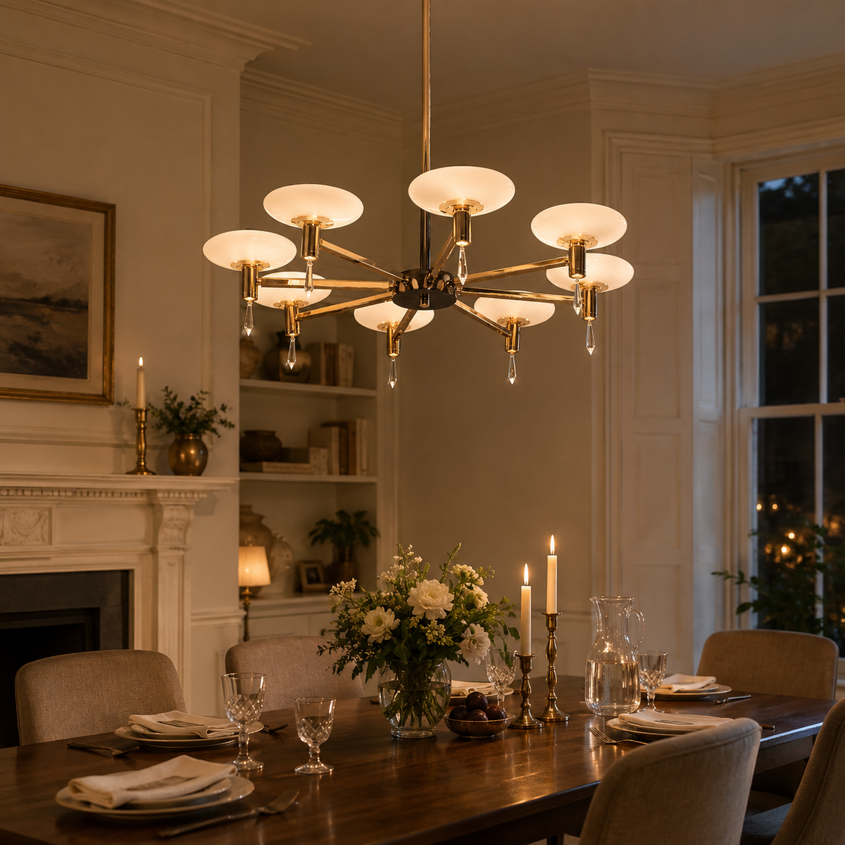 glass pendant light above a bright dining table