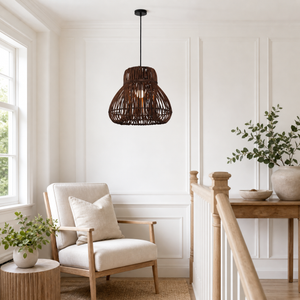 rattan pendant light in a sunlit breakfast nook