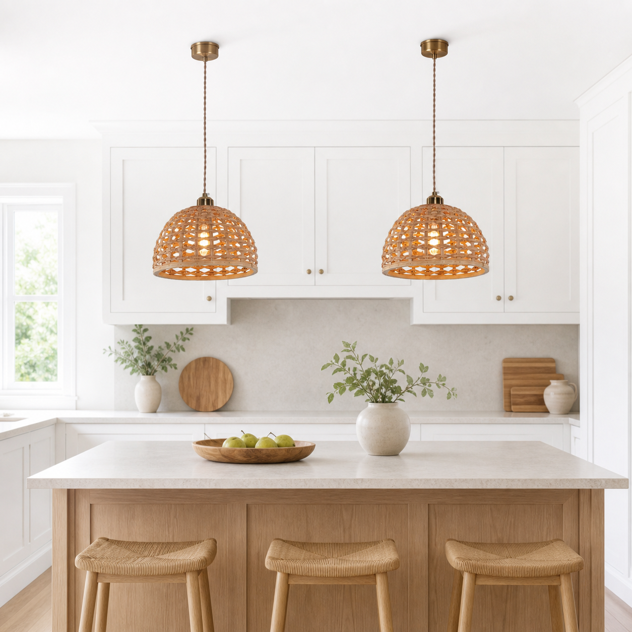 wood dome pendant light above a bright dining table