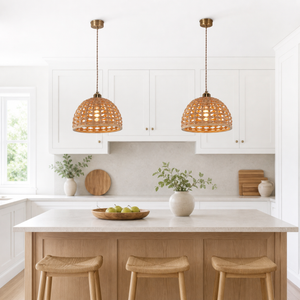 wood dome pendant light above a bright dining table