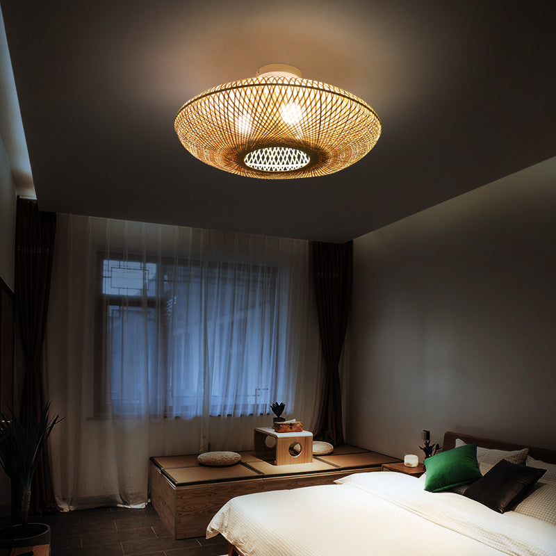 Modern Creative Flying Saucer Bamboo Woven Semi-Flush Mount Ceiling Light