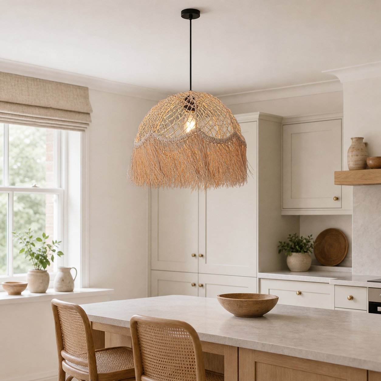 Bohemian rattan dome pendant over a bright kitchen island