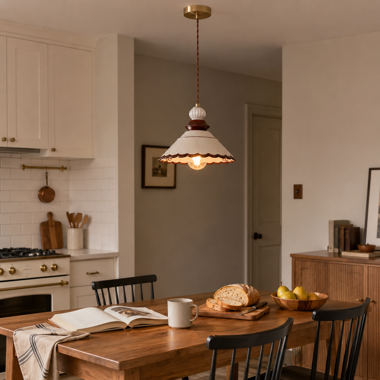 brown ceramic lace pendant light above a cosy dining table beside a doorway