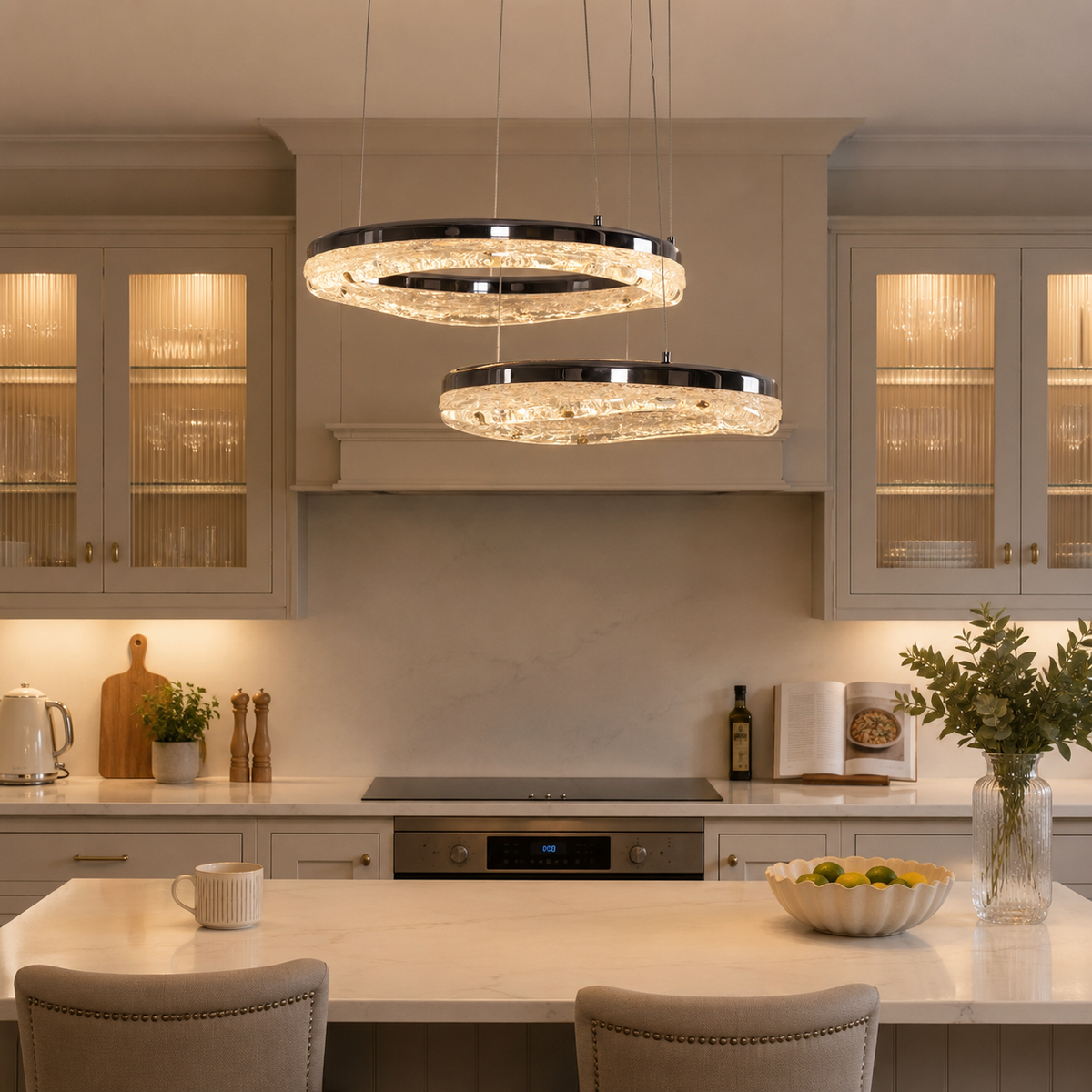 black aluminium wave-detail pendant light above a bright dining table