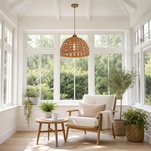 wood dome pendant light in a sunlit breakfast nook