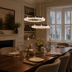 black aluminium wave-detail pendant light in a sunlit breakfast nook