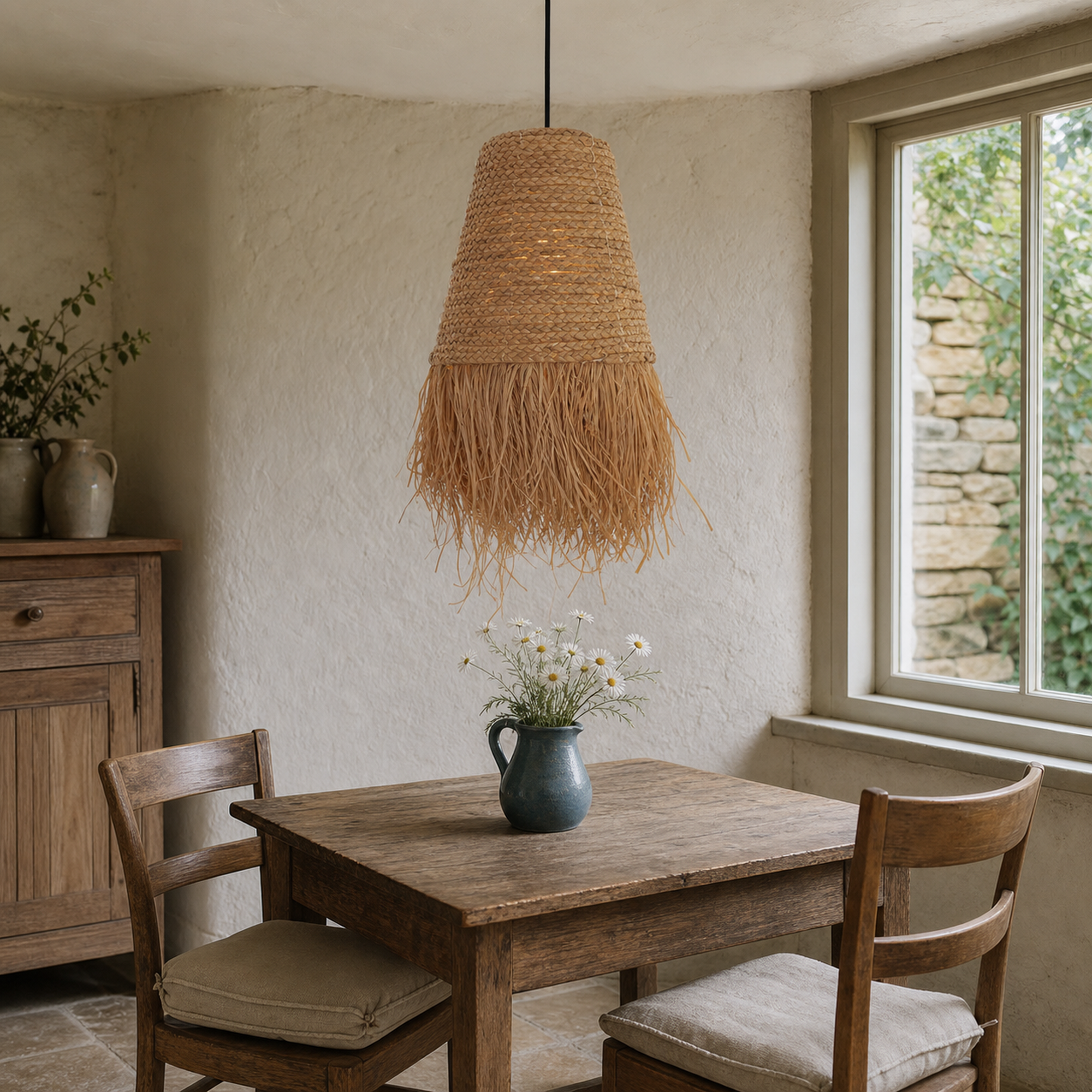 zen wabi-sabi woven grass pendant light in a sunlit breakfast nook