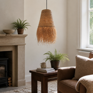 zen wabi-sabi woven grass pendant light beside a bright window