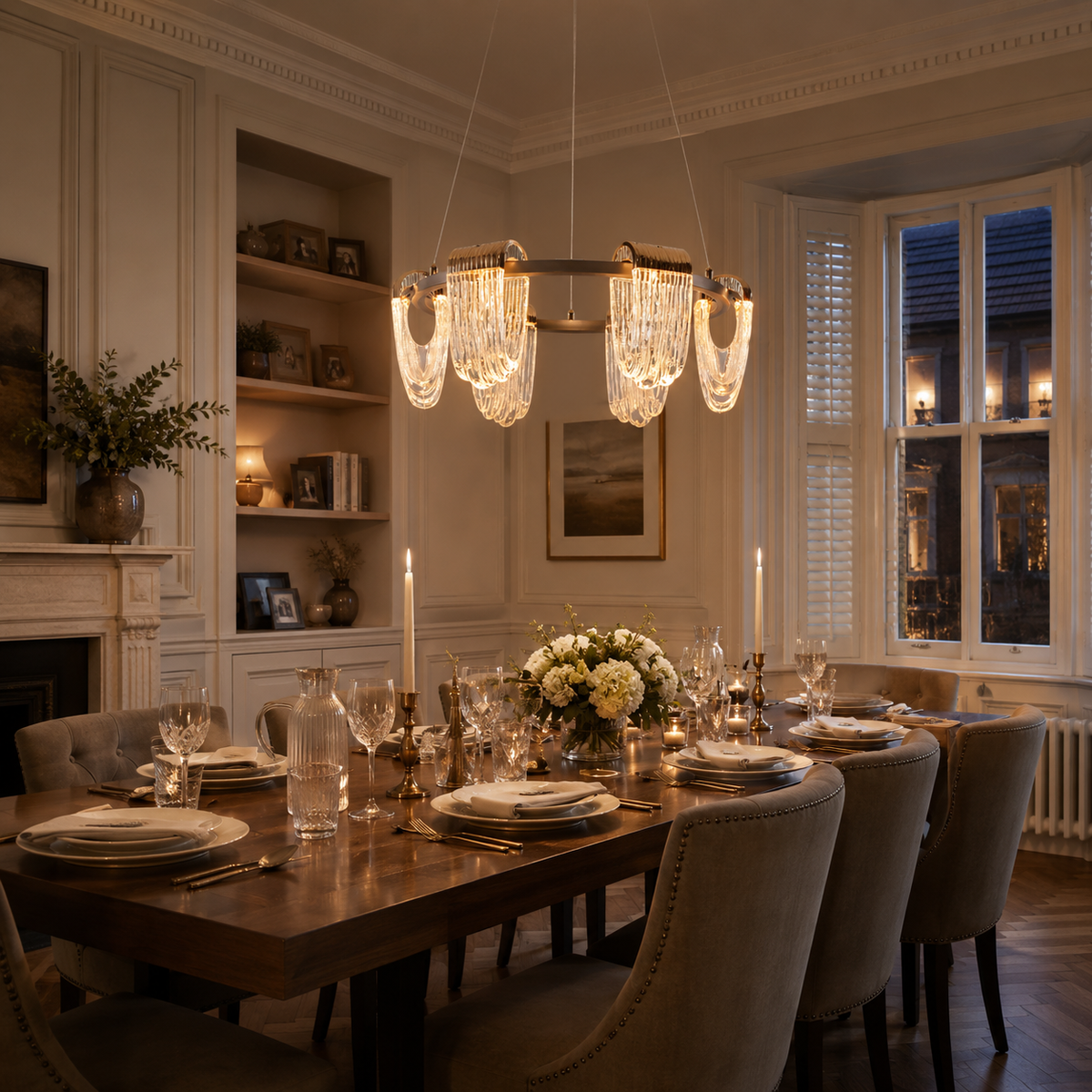 gold acrylic led cascading pendant light above a bright dining table