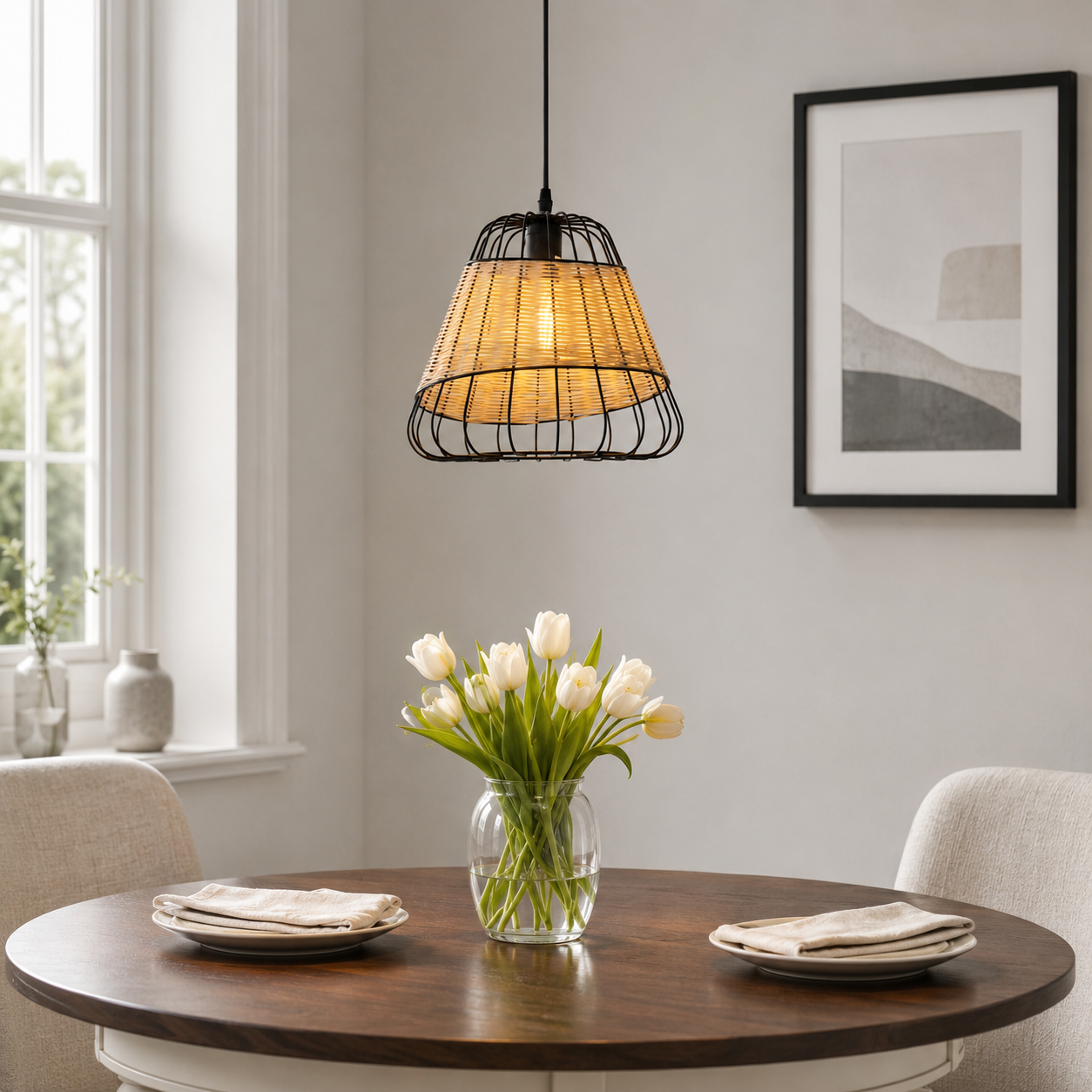 bell pendant light above a bright dining table