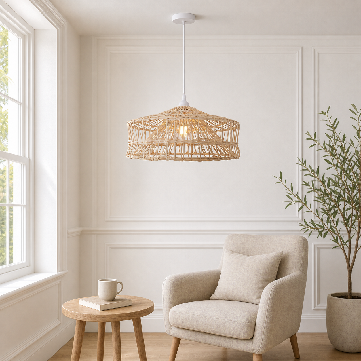 nestline handwoven shallow lamp pendant light above a bright dining table