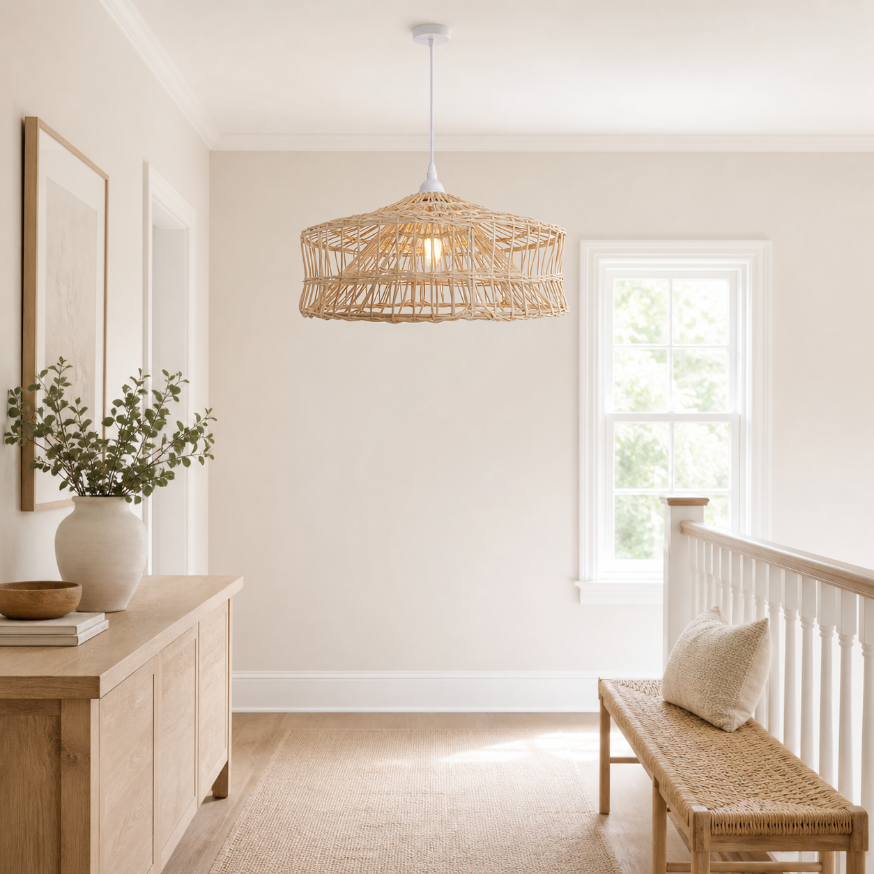 nestline handwoven shallow lamp pendant light over a warm kitchen counter