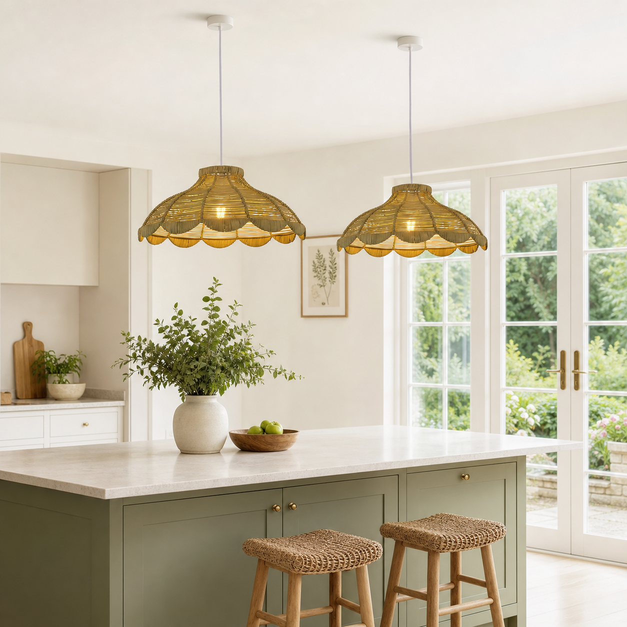 rattan pendant light over a warm kitchen counter