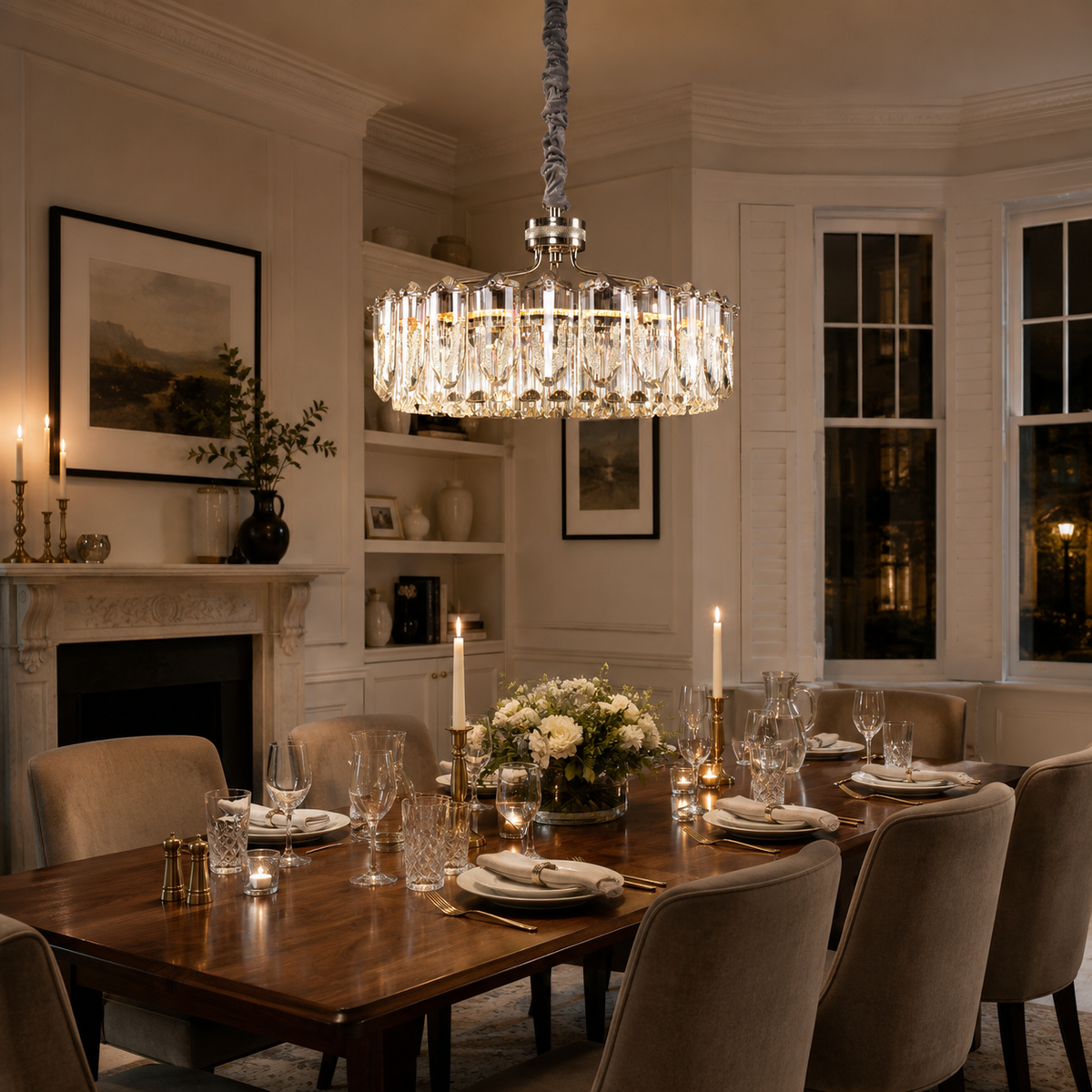 arvia-opulent crystal elegance adjustable pendant light above a bright dining table