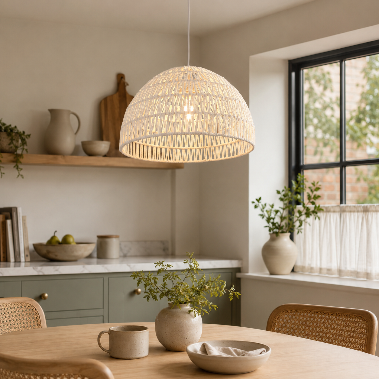 Handwoven white rope pendant over a kitchen dining area