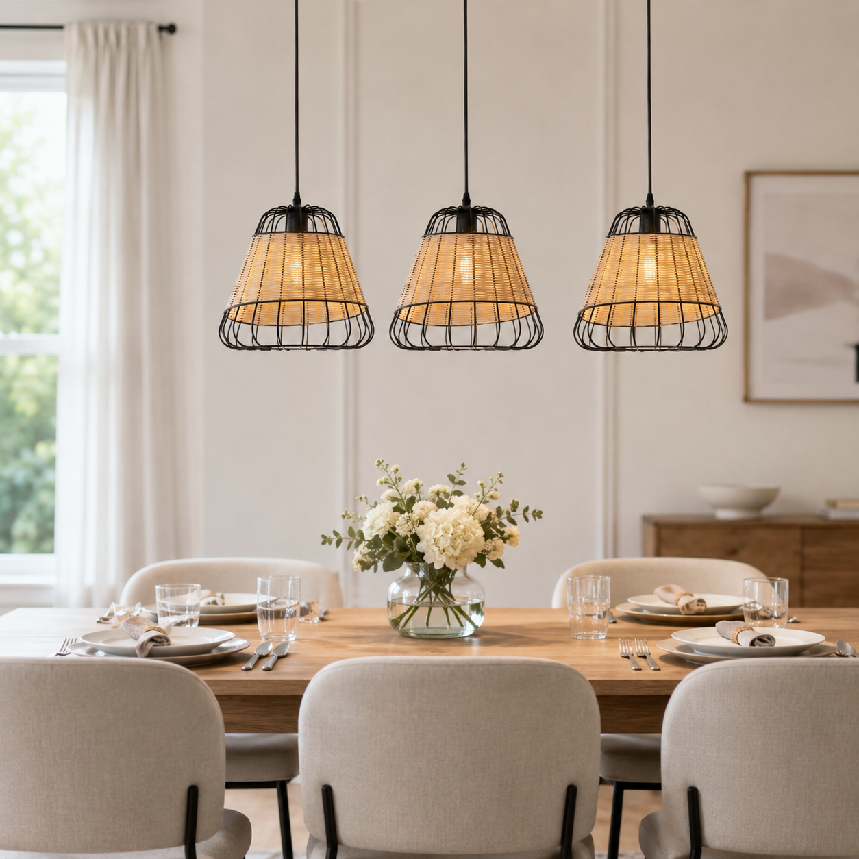 rattan iron pendant light in a sunlit breakfast nook