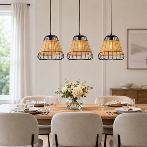 rattan iron pendant light in a sunlit breakfast nook