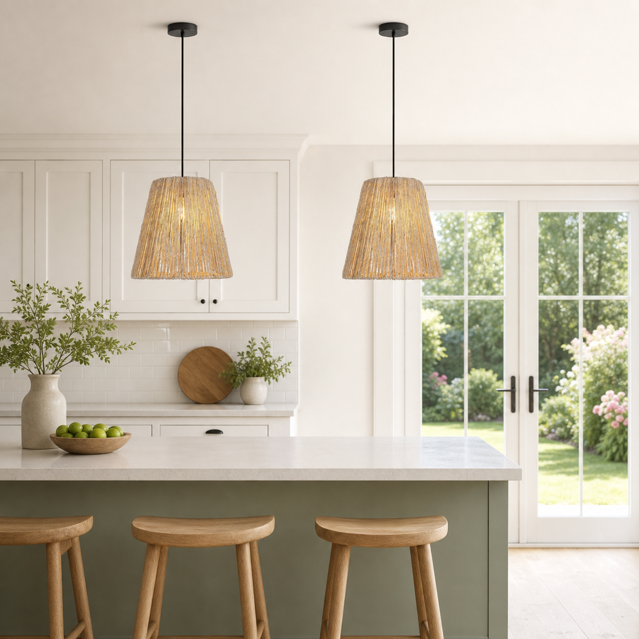 rustic hemp rope woven pendant light over a warm kitchen counter
