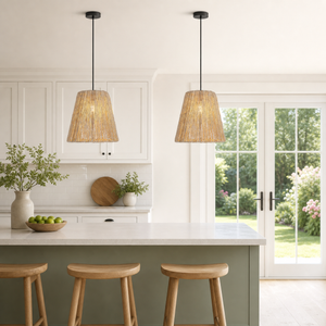 rustic hemp rope woven pendant light over a warm kitchen counter