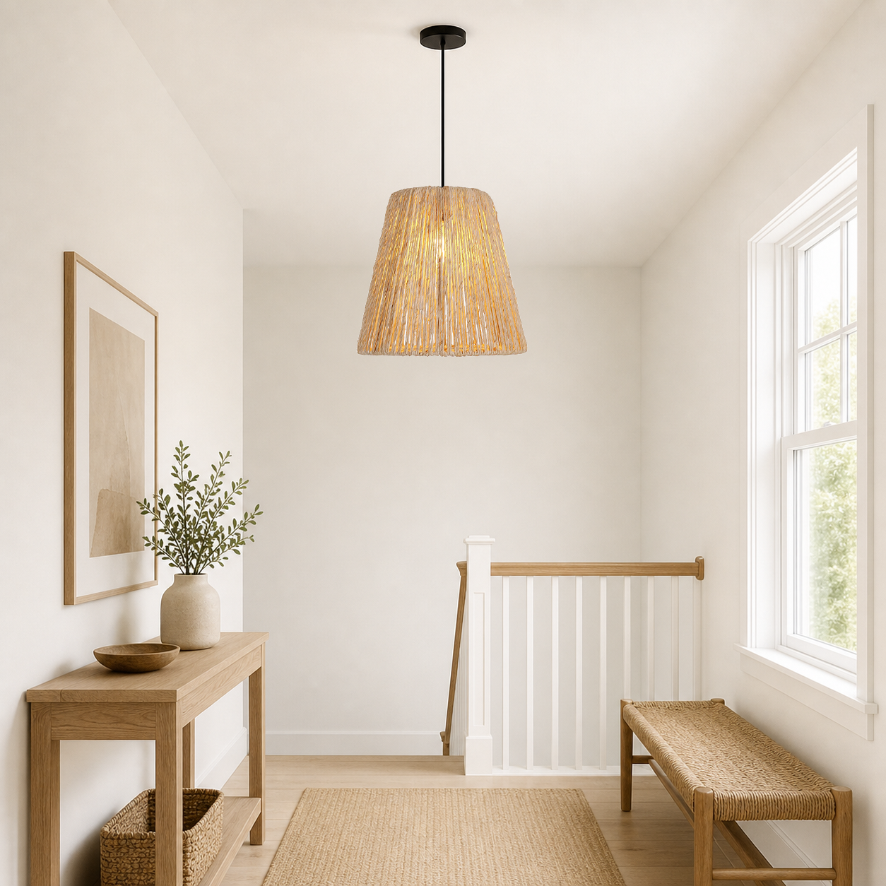 rustic hemp rope woven pendant light over a warm kitchen counter