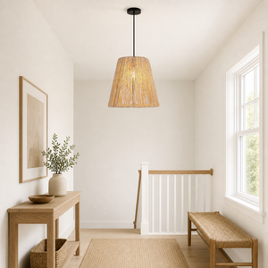 rustic hemp rope woven pendant light over a warm kitchen counter