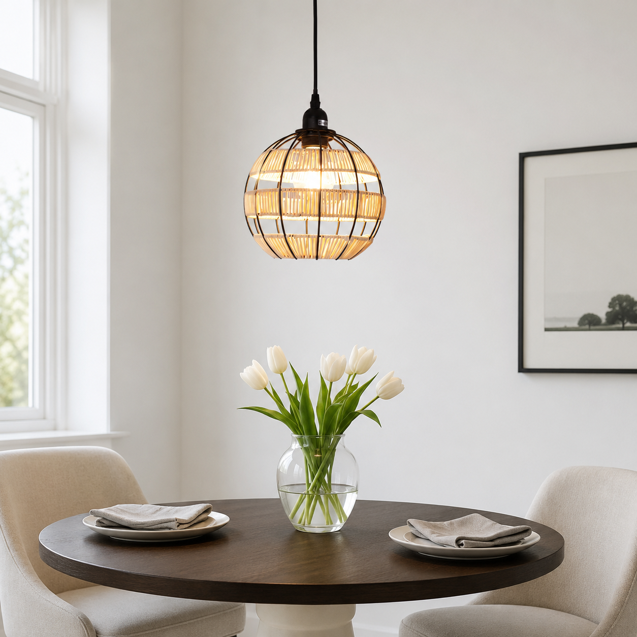 globe pendant light above a bright dining table