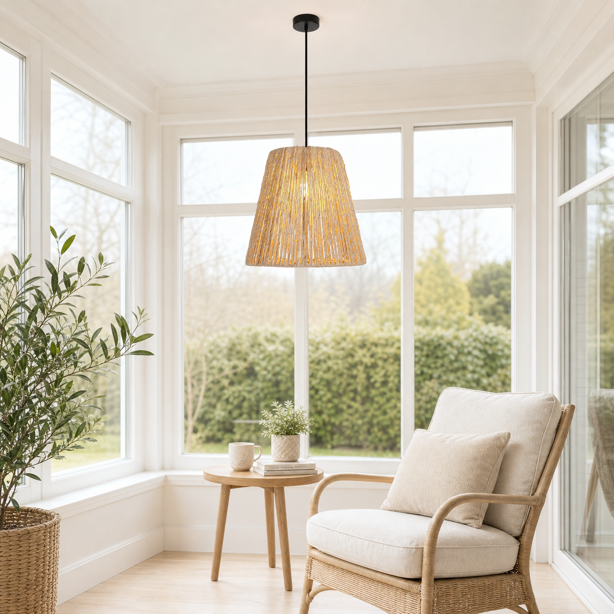 rustic hemp rope woven pendant light in a sunlit breakfast nook