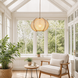 wood pendant light in a sunlit breakfast nook