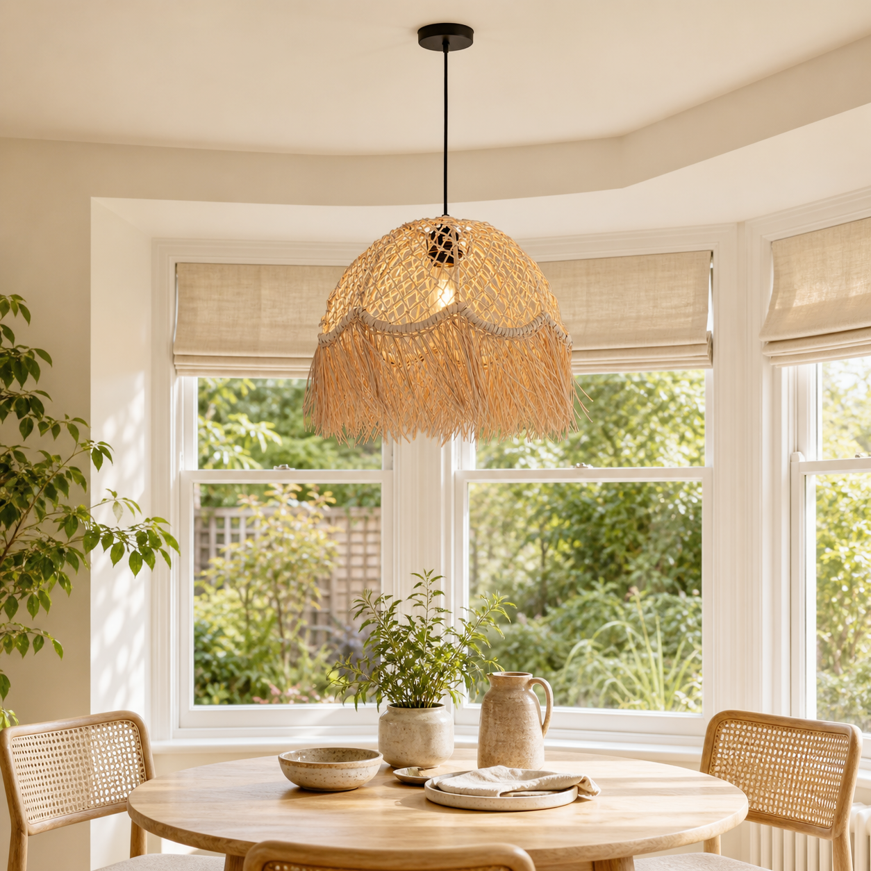 Rattan dome pendant in a sunlit round dining nook