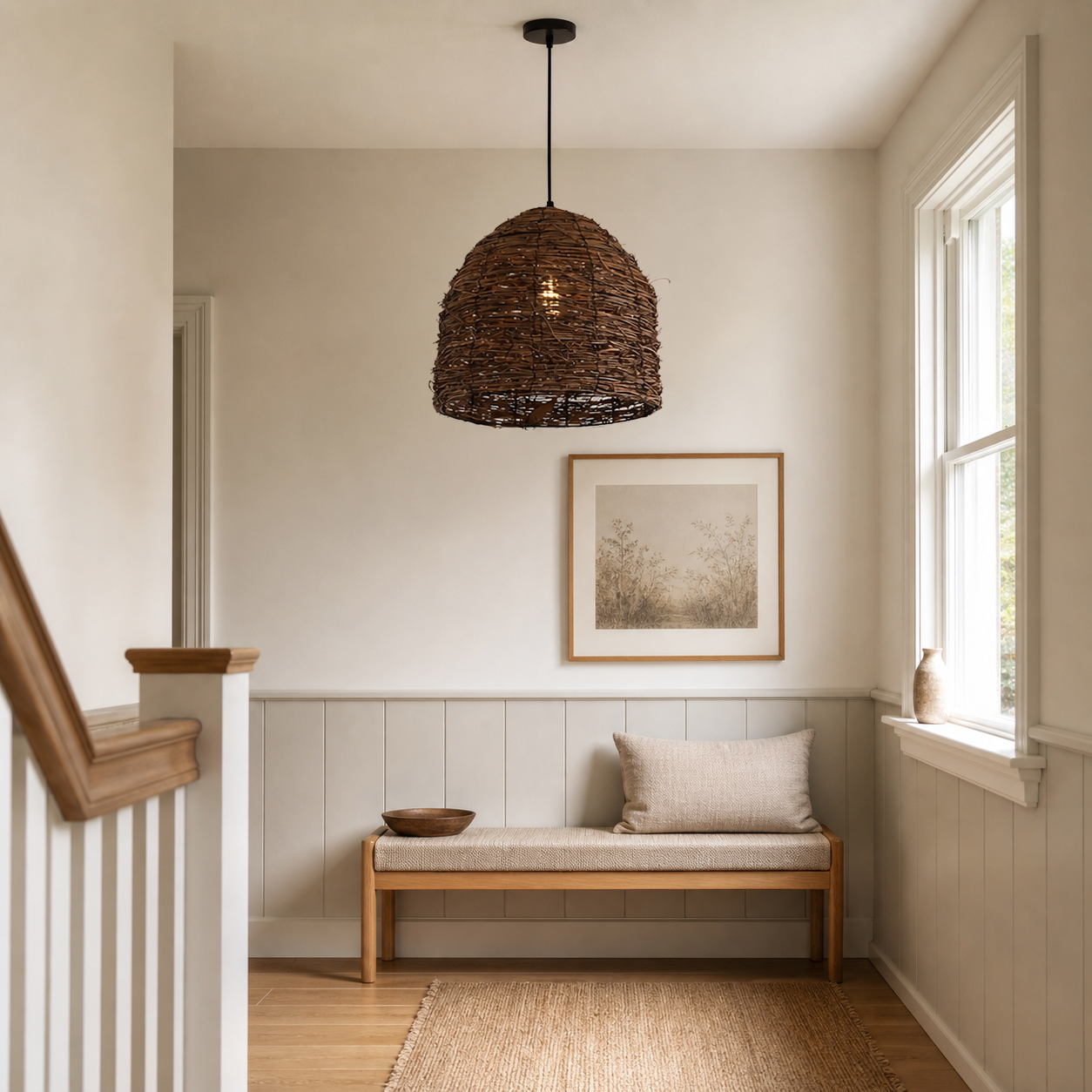 rattan dome pendant light beside a bright window