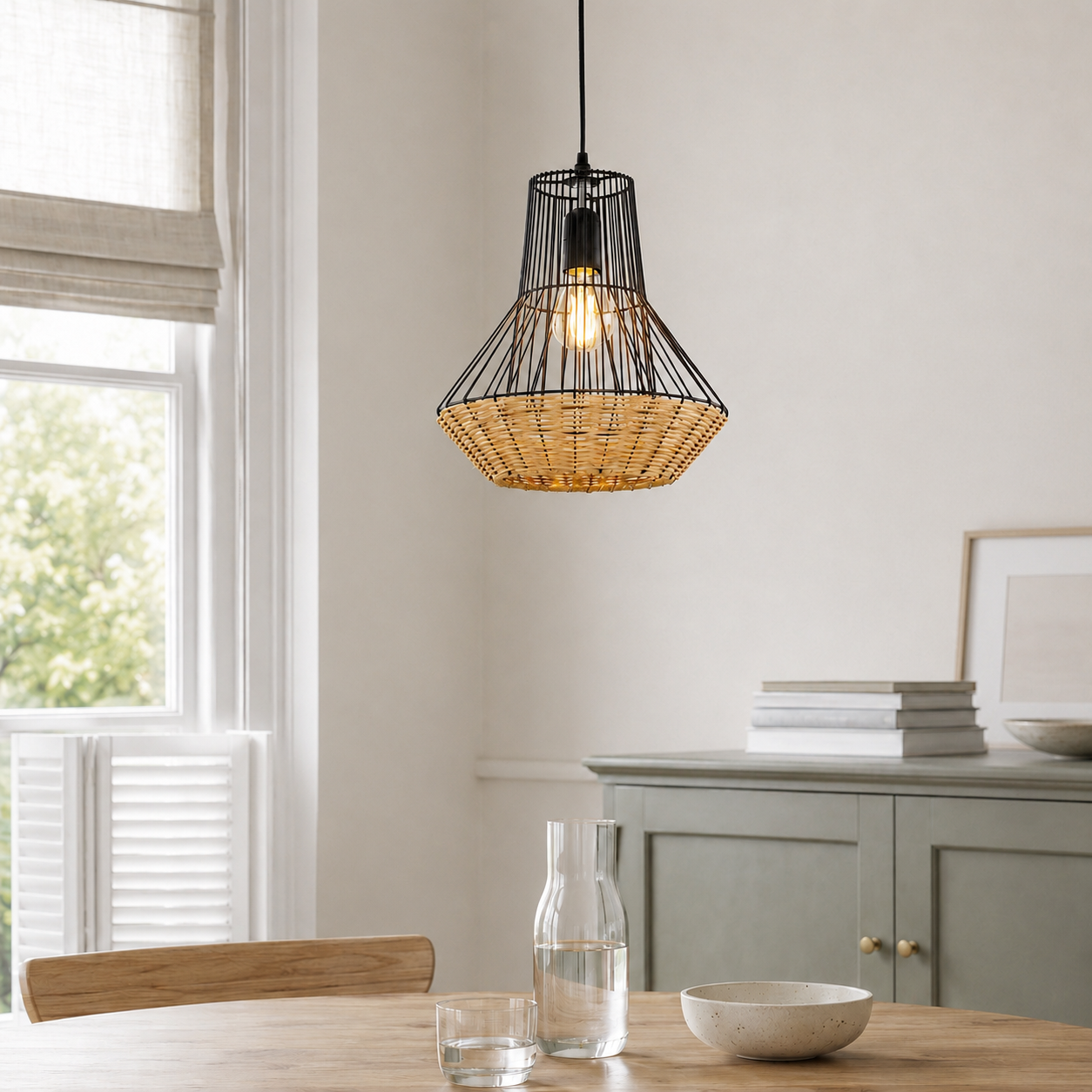 rattan iron pendant light over a warm kitchen counter