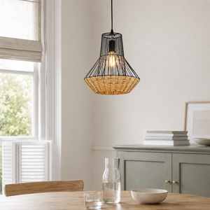 rattan iron pendant light over a warm kitchen counter