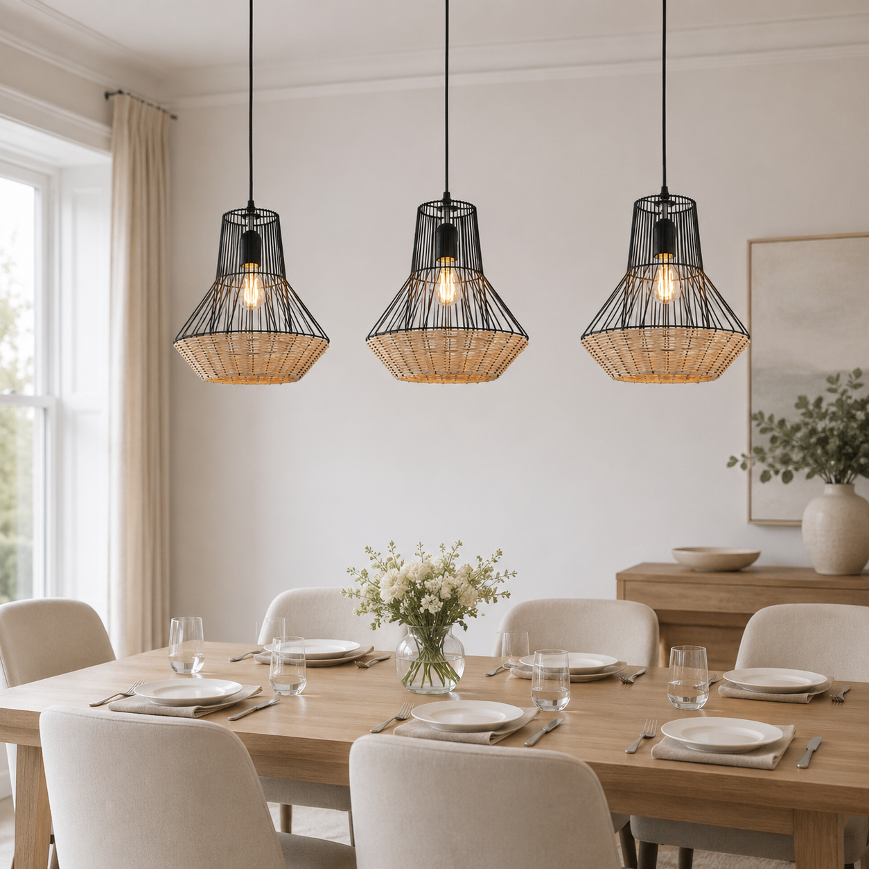rattan iron pendant light in a sunlit breakfast nook